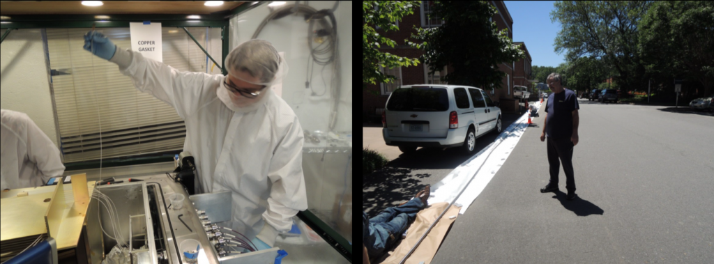 Nick MacDonald is threading long-link assemblies through the side wall of the spectrograph (left). Charles Lam views the conduit stretched out behind the astronomy building at UVa (right). Nick MacDonald está enhebrando los ensambles de enlace largo a través de la pared lateral del espectrógrafo (izquierda). Charles Lam inspecciona todos los ensambles de enlace largo totalmente estirados, antes de ser agrupados en un conducto, justo afuera del edificio de astronomía en la Universidad de Virginia (derecha).