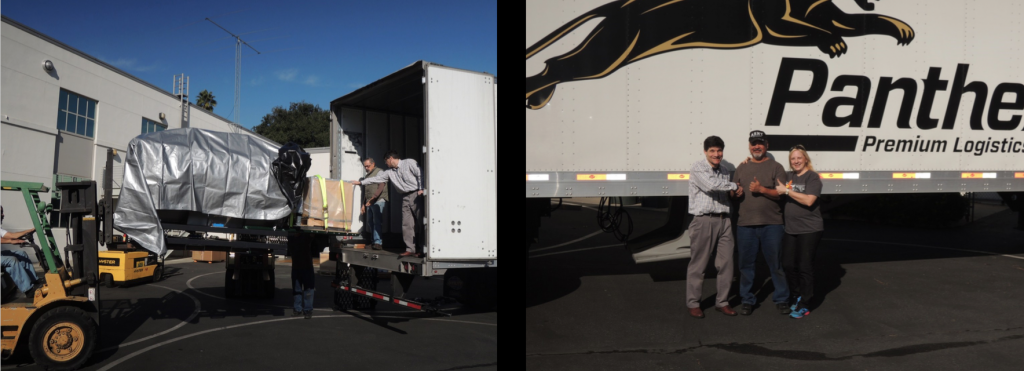 A forklift crew unloads APOGEE-2S at the Carnegie Observatories after a successful cross-country trek. Scientist John Wilson gratefully thanks the driving team, Ludden and Gwen, for safely transporting the spectrograph. La tripulación del montacargas descarga APOGEE-2S en los observatorios Carnegie después de un exitoso viaje. El científico John Wilson agradece al equipo de conductores, Ludden y Gwen, por transportar con seguridad el espectrógrafo.