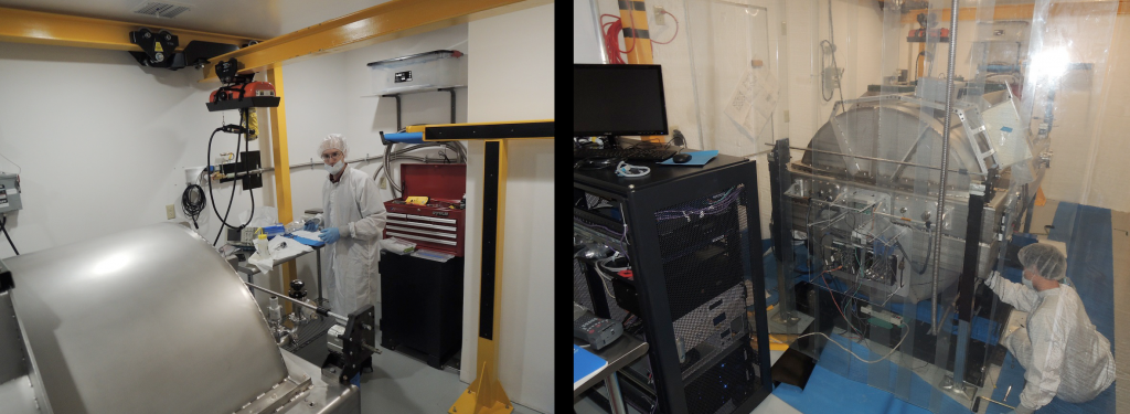 Izquierda: Garrett parece particularmente atractivo en su habitación limpia. Derecha: Matt limpia el exterior del criostato de APOGEE-Sur, preparándolo para abrirlo. Left: Garrett looks particularly fetching in his clean room get-up. Right: Matt cleans off the outside of the APOGEE-South cryostat, preparing it to be opened.